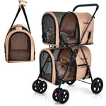 Charger l'image dans la galerie, Poussette Pour Chien Chat Animaux Poussette De Voyage Avec 2 Cages Détachables Roues Avant Universelles Beige
